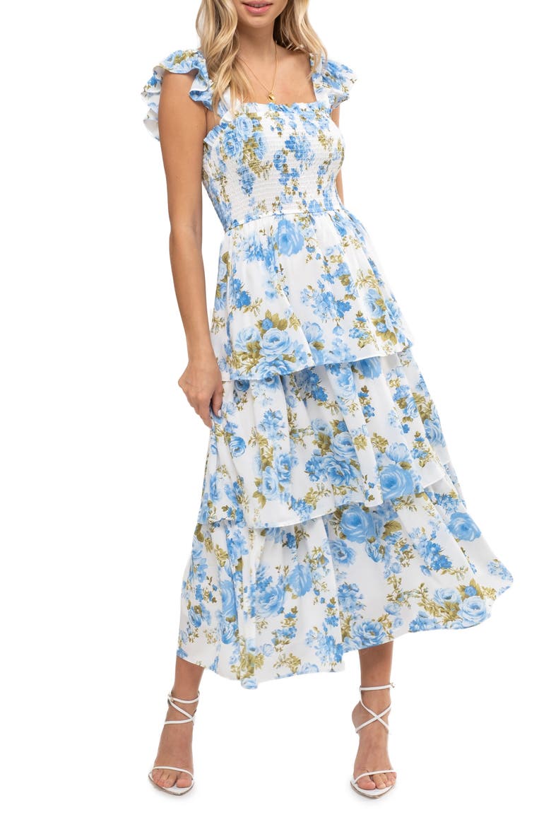 august sky floral tiered midi dress August Sky Floral Tiered Midi Dress In Pink Multi