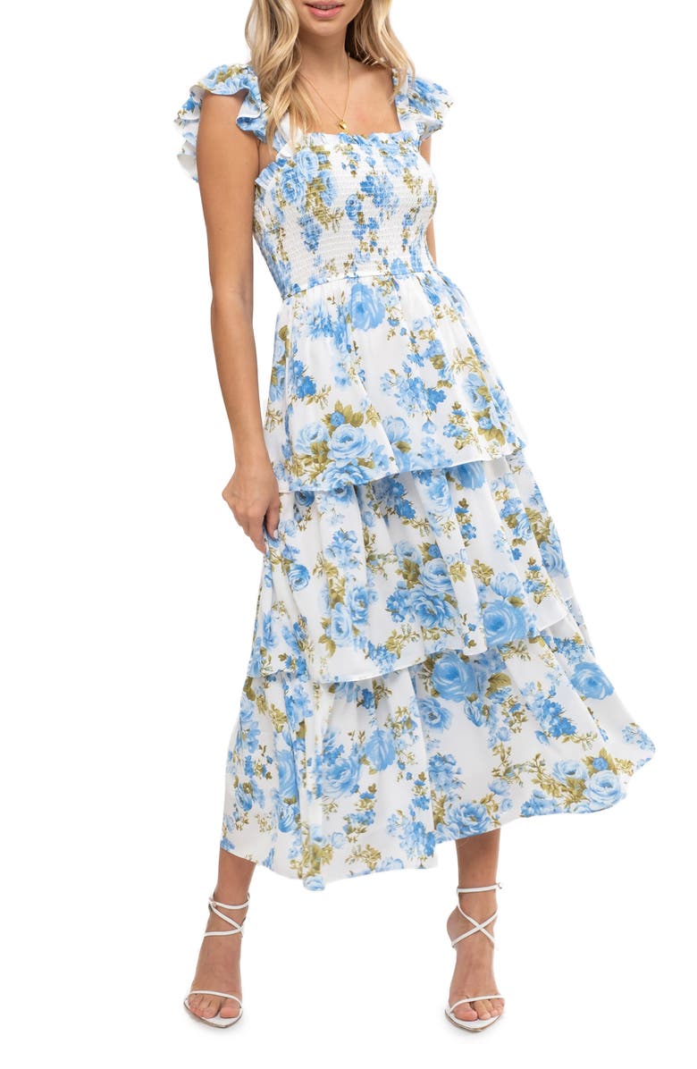 AUGUST SKY Floral Tiered Midi Dress, Main, color, Blue Multi