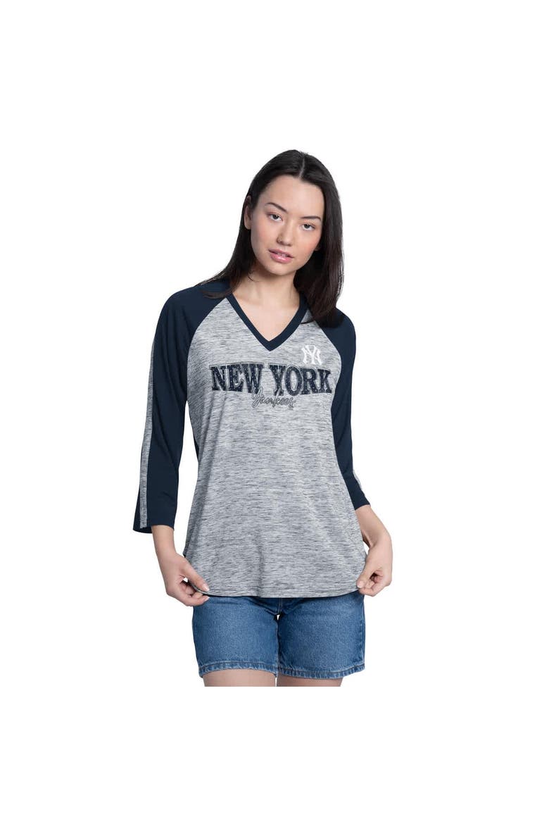 Women's G-III 4Her by Carl Banks Navy/Heather Navy New York Yankees Speed Training 3/4-Sleeve Rhinestone V-Neck T-Shirt, Main, color, Navy