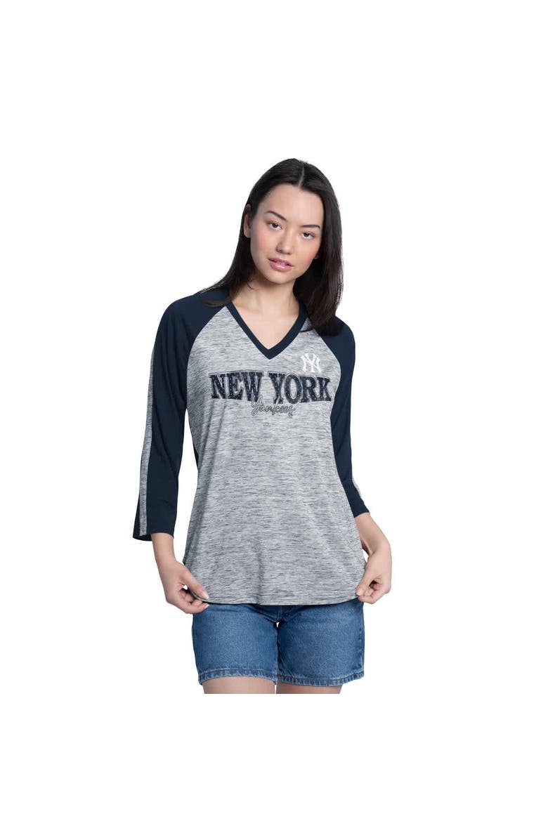 G-III 4HER BY CARL BANKS Women's G-III 4Her by Carl Banks Navy/Heather Navy New York Yankees Speed Training 3/4-Sleeve Rhinestone V-Neck T-Shirt, Main, color, Navy