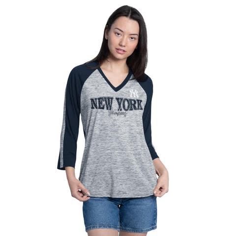 Women's G-III 4Her by Carl Banks Navy/Heather Navy New York Yankees Speed Training 3/4-Sleeve Rhinestone V-Neck T-Shirt