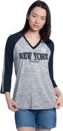 G-III 4HER BY CARL BANKS Women's G-III 4Her by Carl Banks Navy/Heather Navy New York Yankees Speed Training 3/4-Sleeve Rhinestone V-Neck T-Shirt