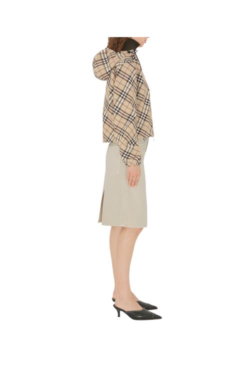 Burberry Cropped Hooded Jacket With Classic Plaid Pattern In Alabaster