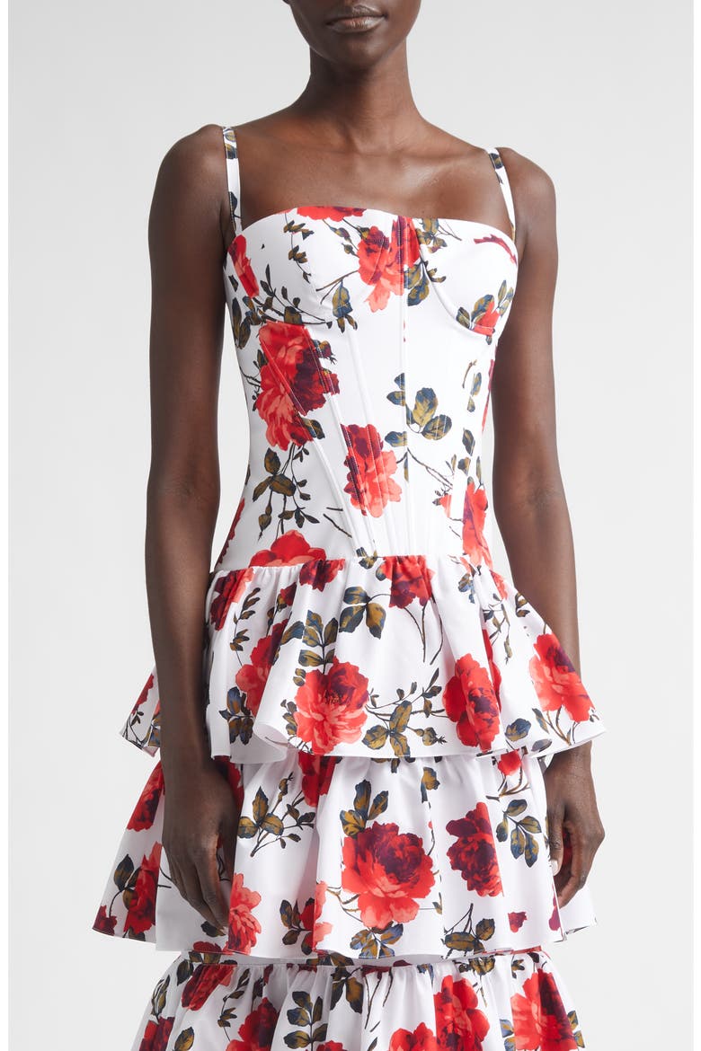 Rose Print Tiered Ruffle Convertible Stretch Cotton Poplin Dress, Alternate, color, WHITE MULTI