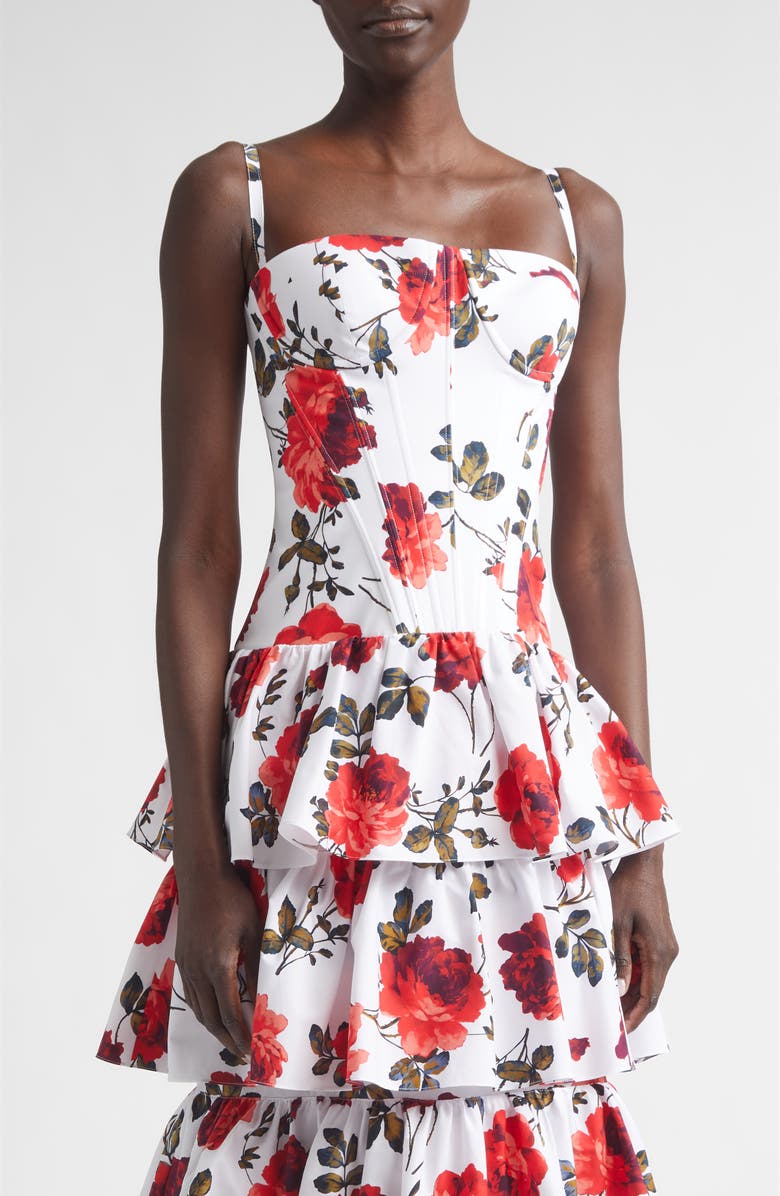 Carolina Herrera Rose Print Tiered Ruffle Convertible Stretch Cotton Poplin Dress, Alternate, color, White Multi
