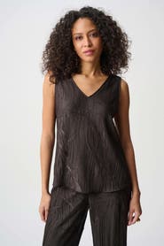 Joseph Ribkoff Pleated Satin Flared V-Neck Top