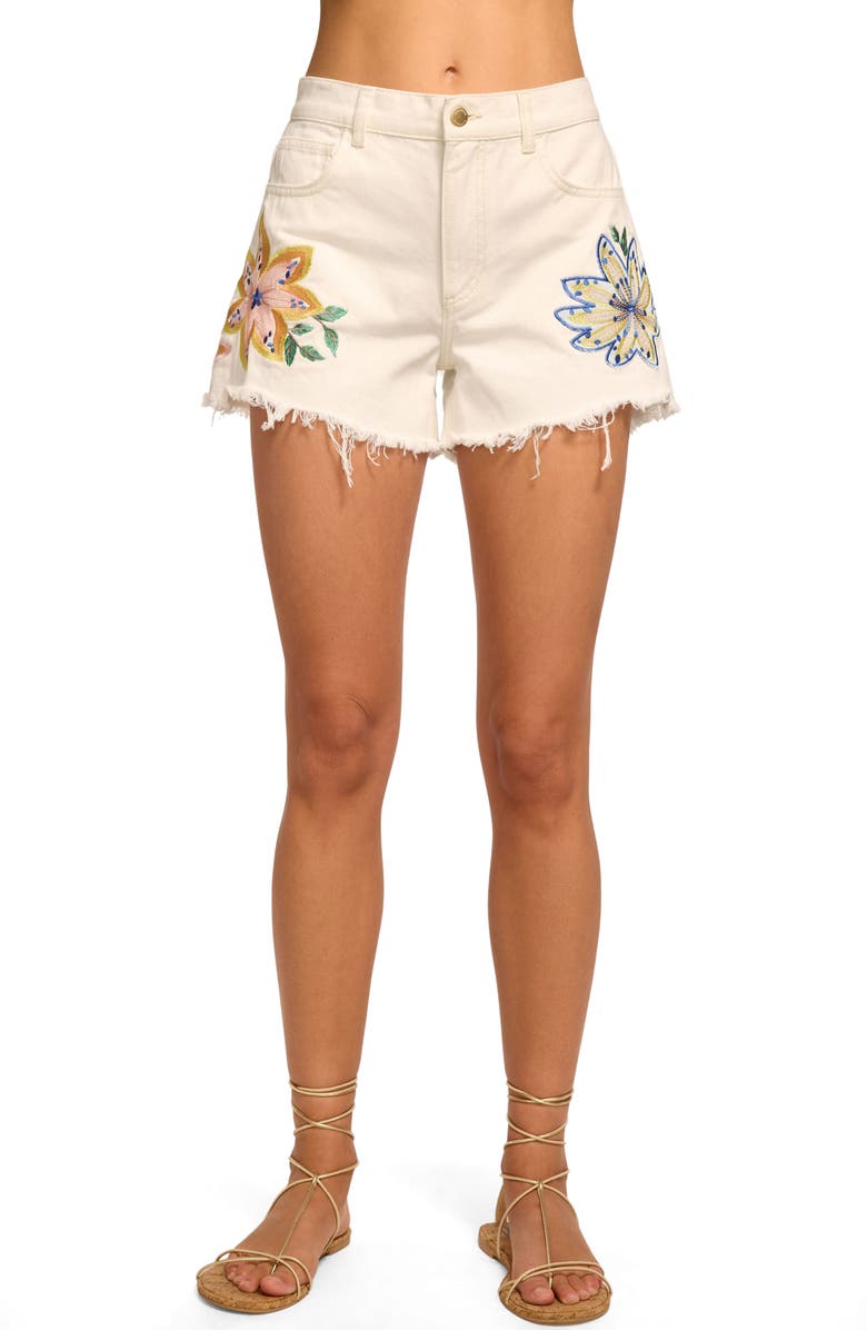 Ramy Brook Floral Embroidery Denim Cutoff Shorts, Main, color, White Embroidered