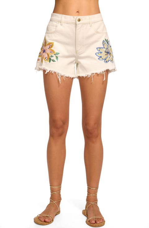 Floral Embroidery Denim Cutoff Shorts