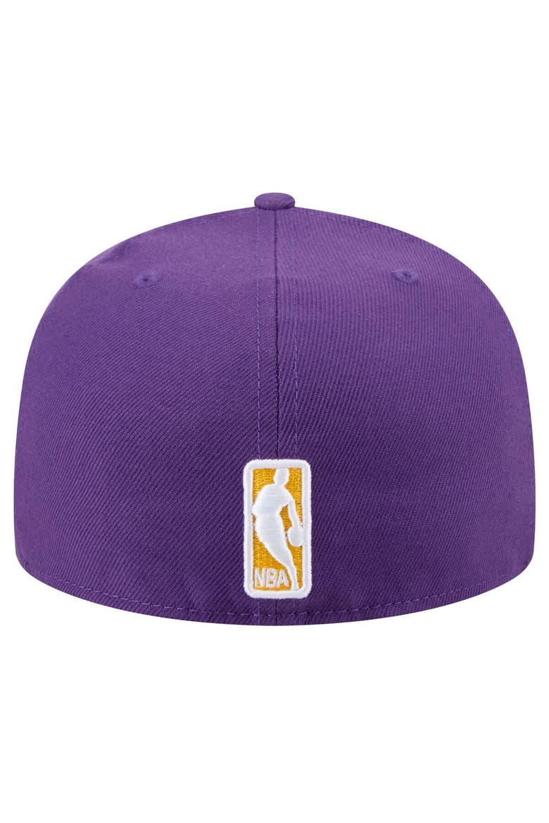 Men's New Era Purple Los Angeles Lakers Throwback Pennant 59FIFTY Fitted Hat, Alternate, color, Purple