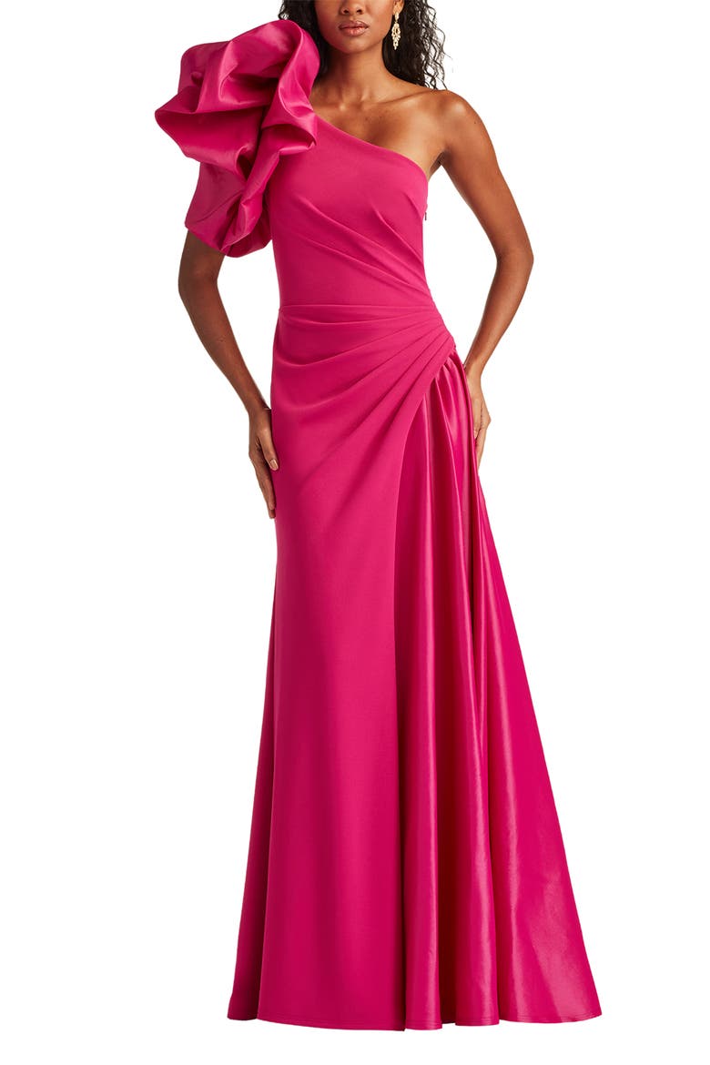Puff Ruched One-Shoulder Gown, Alternate, color, HIBISCUS