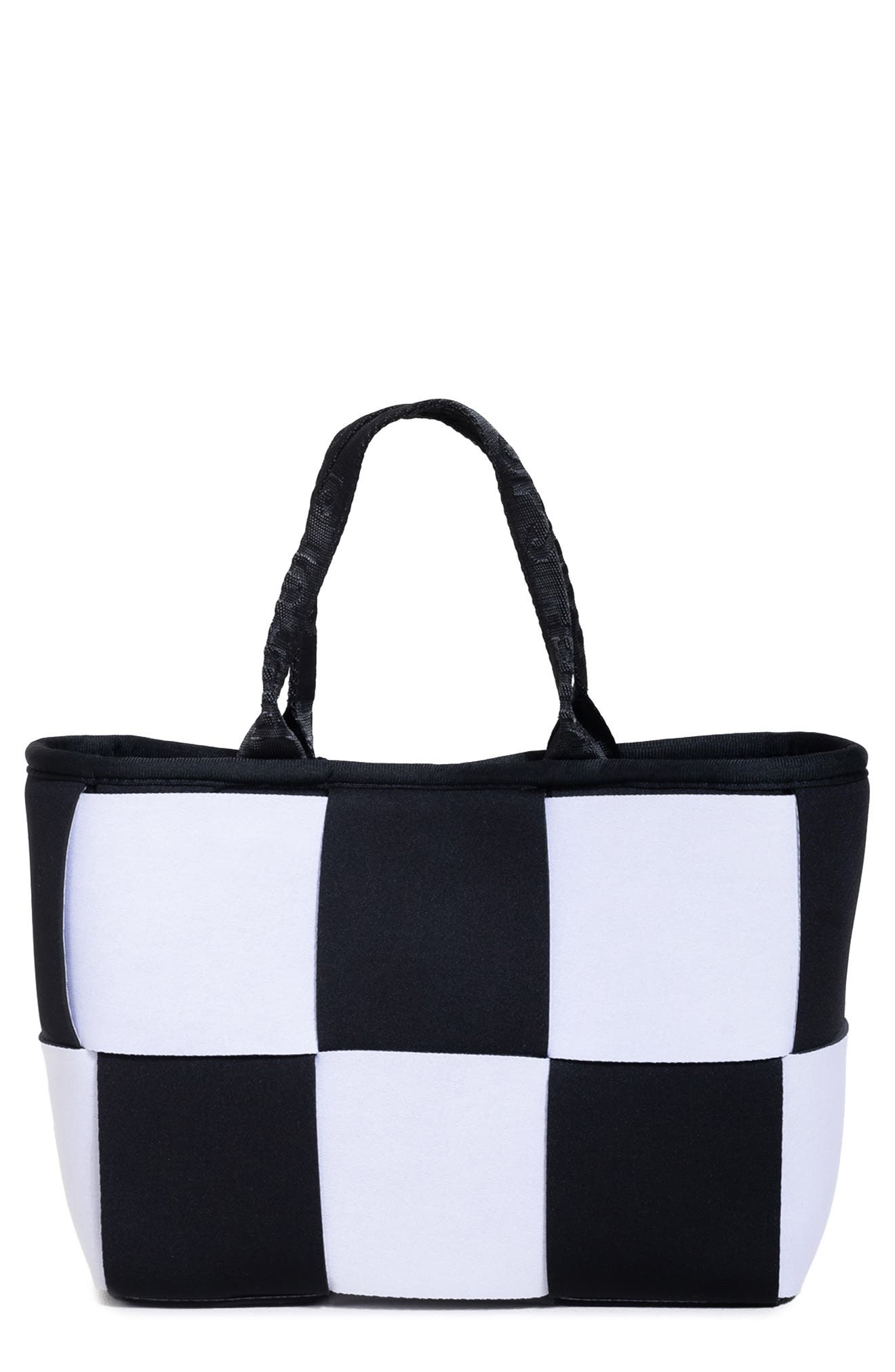 POP UPS BRAND Water Resistant Woven Neoprene Mini Tote Bag, Main, color, Black And White