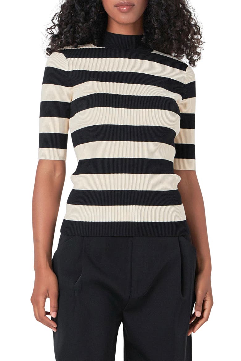 Stripe Short Sleeve Mock Neck Sweater, Main, color, BLACK/ NUDE