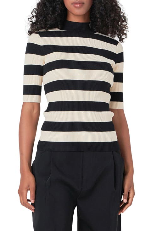 Stripe Short Sleeve Mock Neck Sweater