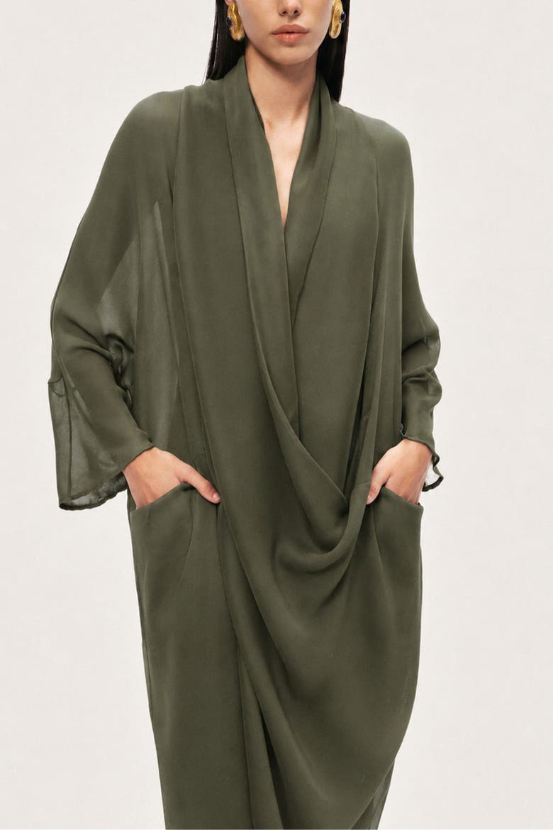Draped Wrap Midi Dress, Alternate, color, Khaki