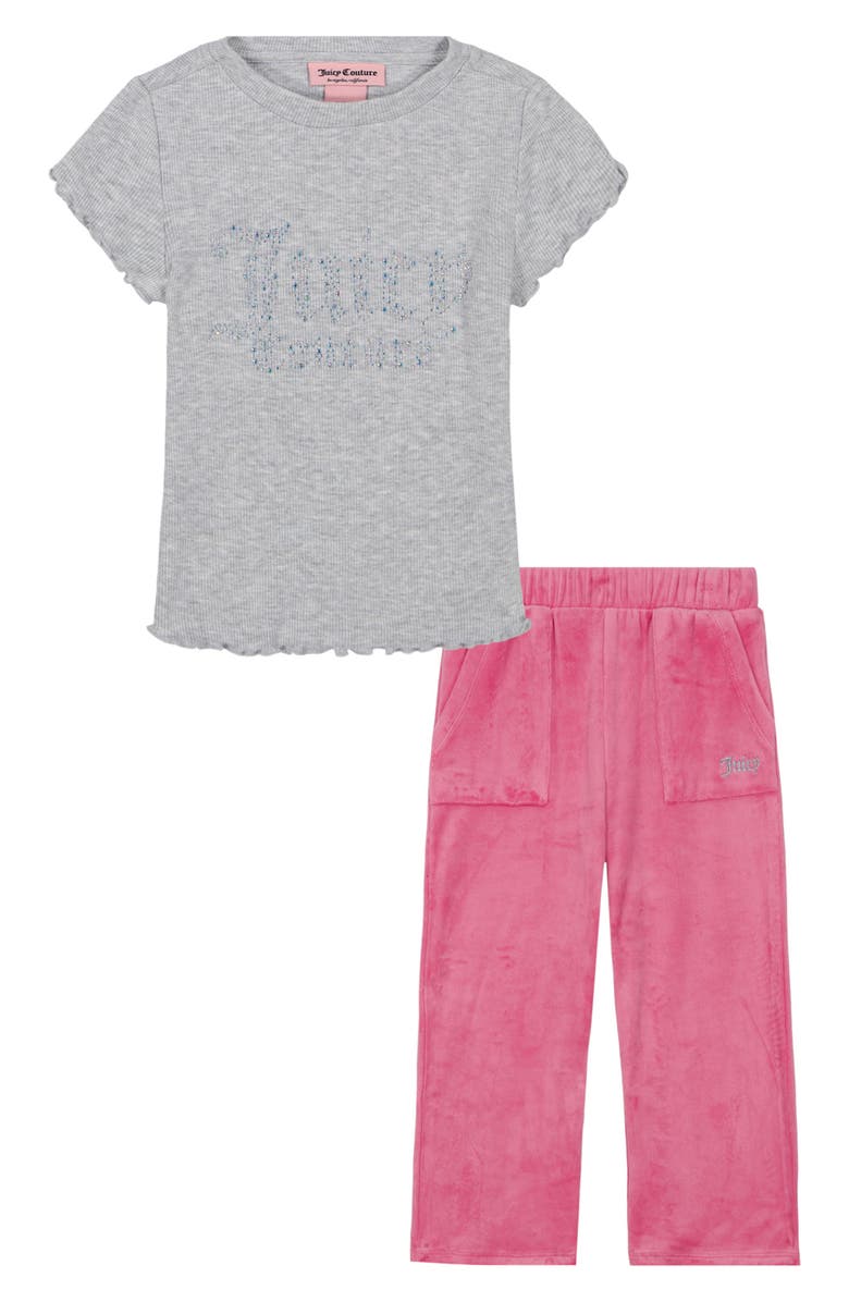 Juicy Couture Kids' Lettuce Edge Tee & Velour Pants Set, Main, color,