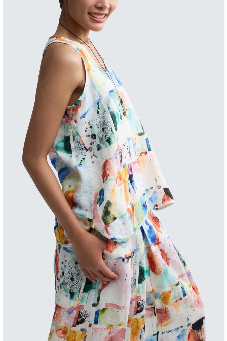 Orielle Painterly Print Linen V-Neck Top, Alternate, color, Multihued