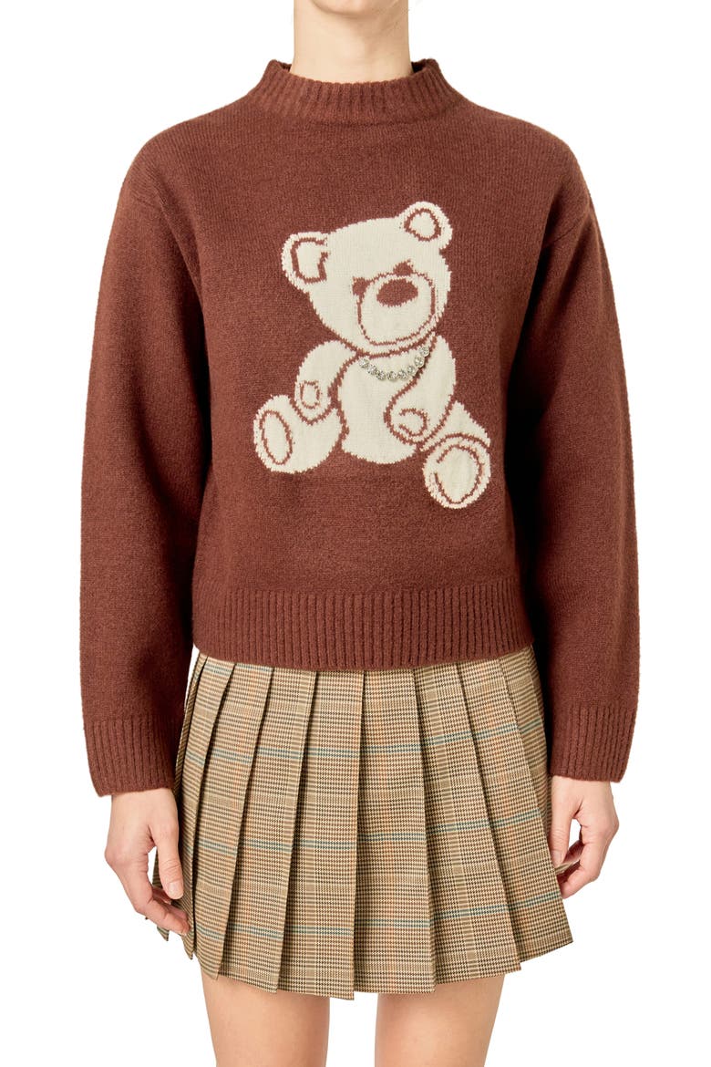 Teddy Bear Embellished Crewneck Sweater, Alternate, color, BROWN/ WHITE