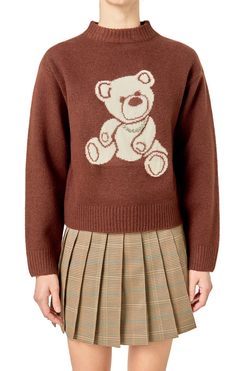 English Factory Teddy Bear Embellished Crewneck Sweater, Alternate, color, Brown/ White