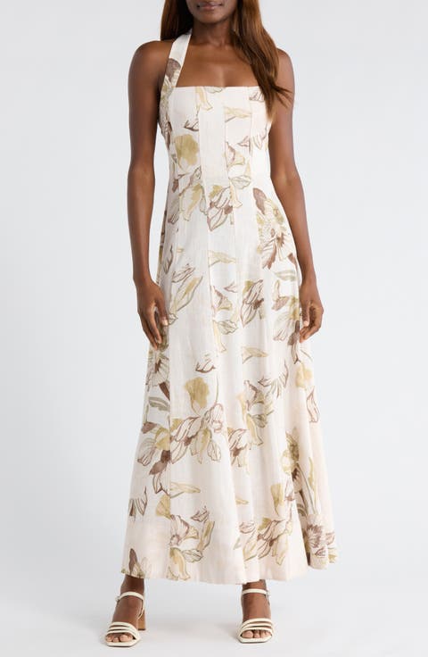 Floral Panel Halter Midi Dress