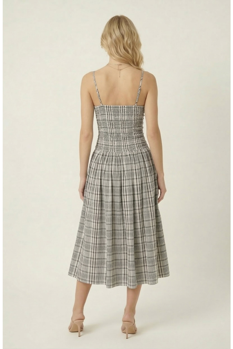 Plaid Smocked Bodice Midi Dress, Alternate, color, Charcoal Plaid