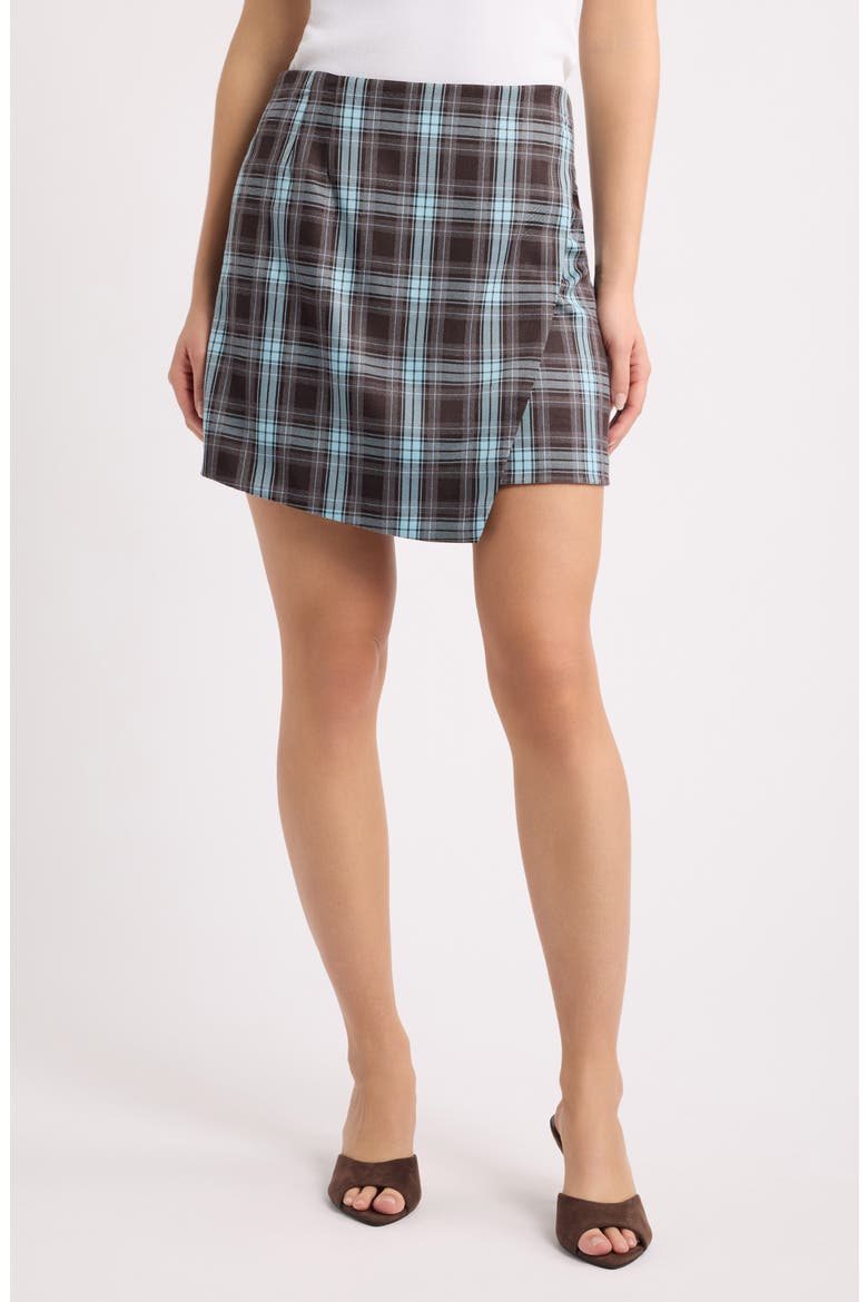 Kelly Faux Wrap Miniskirt, Main, color, CHOC/ BLUE PLAID
