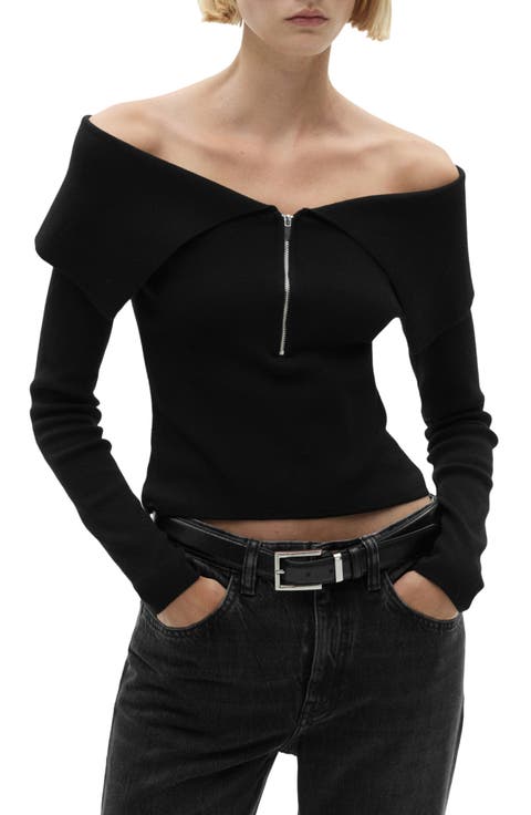 Off the Shoulder Zip Front Cardigan