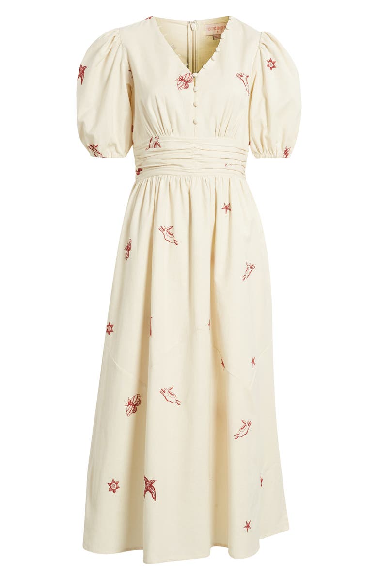 CIEBON Lexi Embroidered Puff Sleeve Cotton Dress, Alternate, color, Ivory/ Red