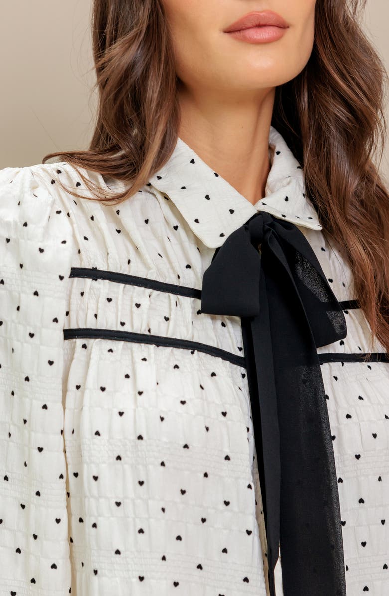 FLYING TOMATO Heart Print Tie Neck Long Sleeve Button-Up Shirt, Alternate, color, Ivory