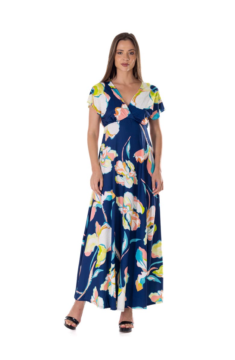 24seven Comfort Apparel Floral Print V-Neck Empire Waist Kimono Cap Sleeve Maxi Dress, Main, color, Navy Multi