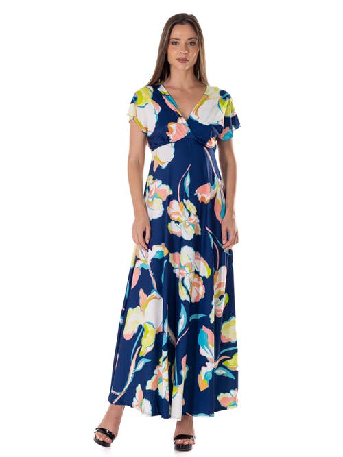 24seven Comfort Apparel Floral Print V-neck Empire Waist Kimono Cap Sleeve Maxi Dress In Multi
