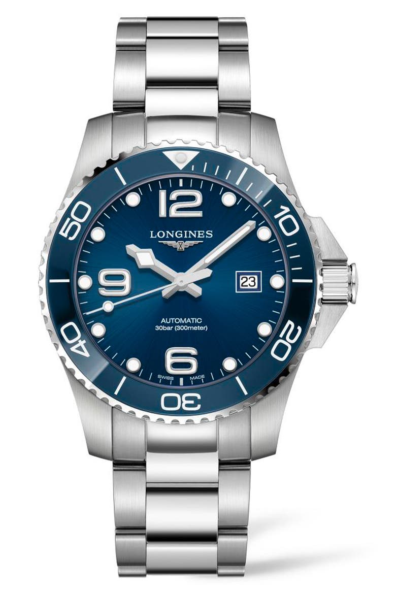 HydroConquest Automatic Bracelet Watch, 43mm, Main, color, SILVER/ BLUE/ SILVER