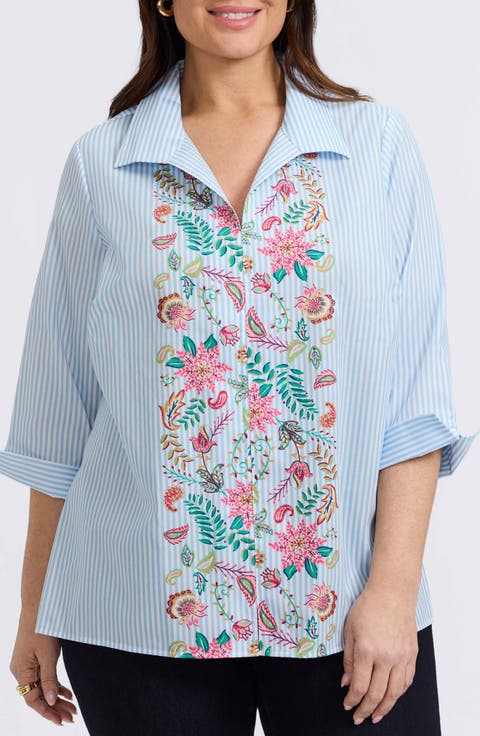 Agnes Stripe Floral Embroidered Cotton Shirt (Plus)