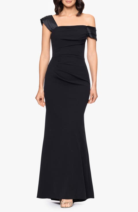 Ruched Off the Shoulder Scuba Column Gown