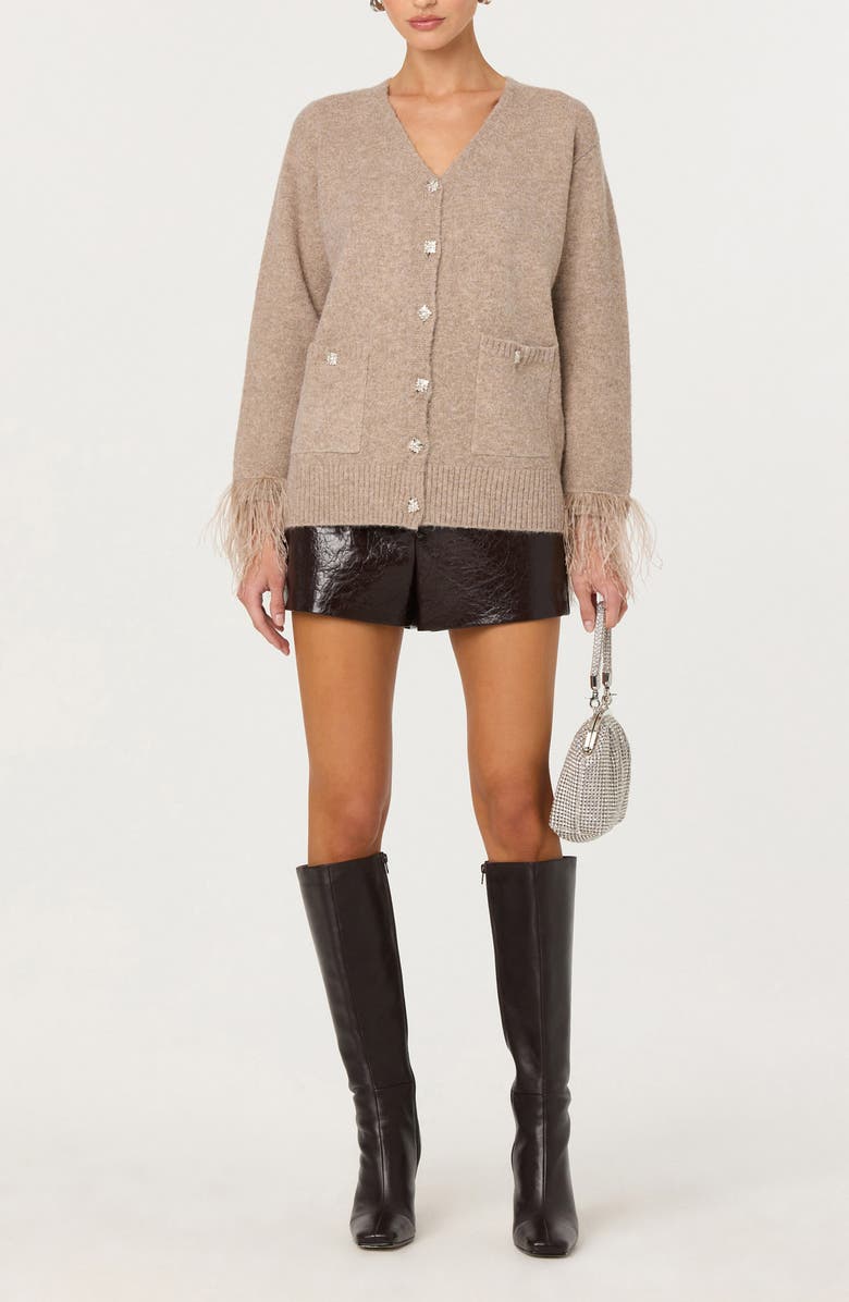 ASTR the Label Grie Crystal Embellished & Feather Trim Cardigan, Alternate, color, Taupe