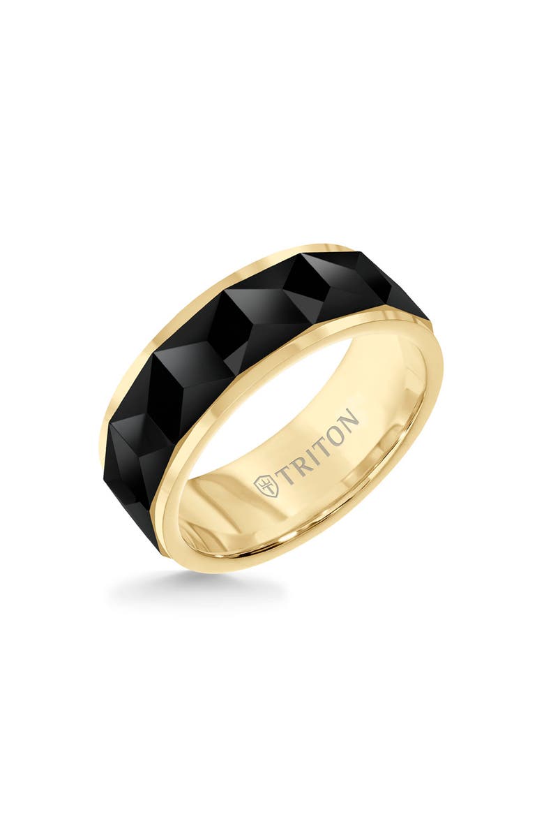 8MM Tungsten Carbide Ring with Faceted Chevron Pattern and Bevel Edge, Main, color, Metallic Gold