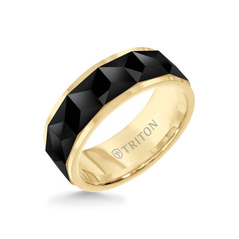 8MM Tungsten Carbide Ring with Faceted Chevron Pattern and Bevel Edge