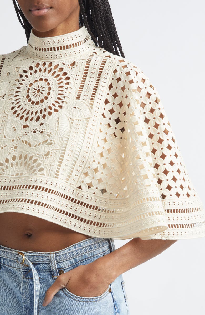 Zimmermann Indra Crop Embroidered Cotton Eyelet Cape, Alternate, color, Tea
