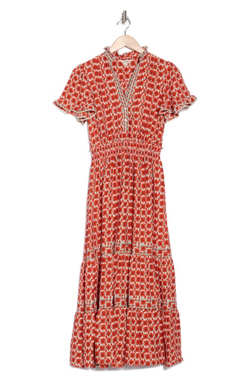 Max Studio Smocked Flutter Sleeve Maxi Dress In Cream/papaya Poppy Buds