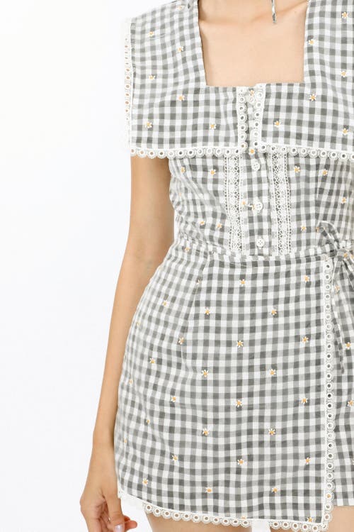 Anna Sui Daisy Embroidery On Gingham Romper In Black Multi