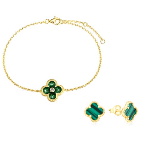 Donatello Gian Green Clover Bracelet And Earrings Set In Gold