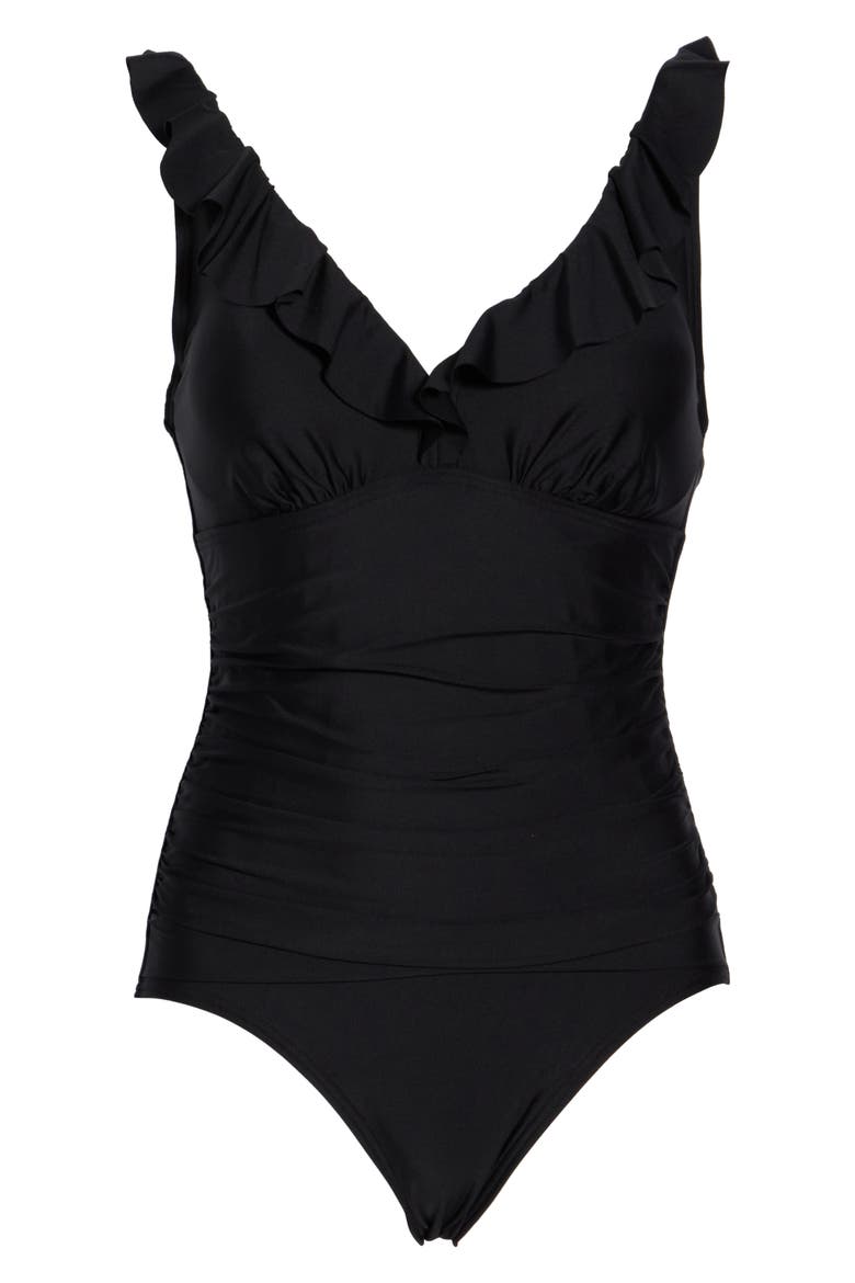 Ruffle V-Neck One-Piece Swimsuit, Alternate, color, BLACK