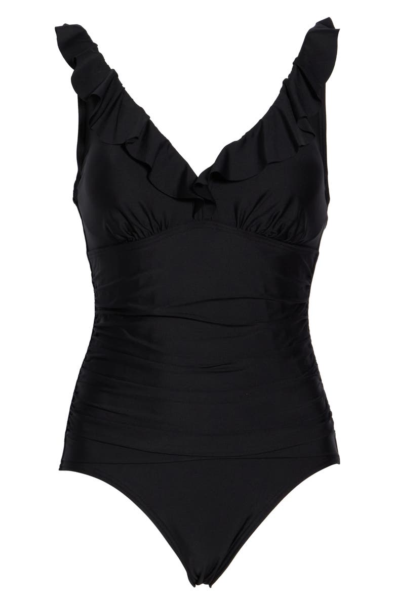 DKNY Ruffle V-Neck One-Piece Swimsuit, Alternate, color, Black