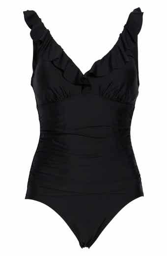 DKNY Ruffle V-Neck One-Piece Swimsuit