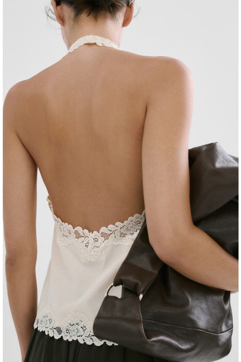 Kristen Draped Lace Detail Cotton Halter Top, Alternate, color, ECRU
