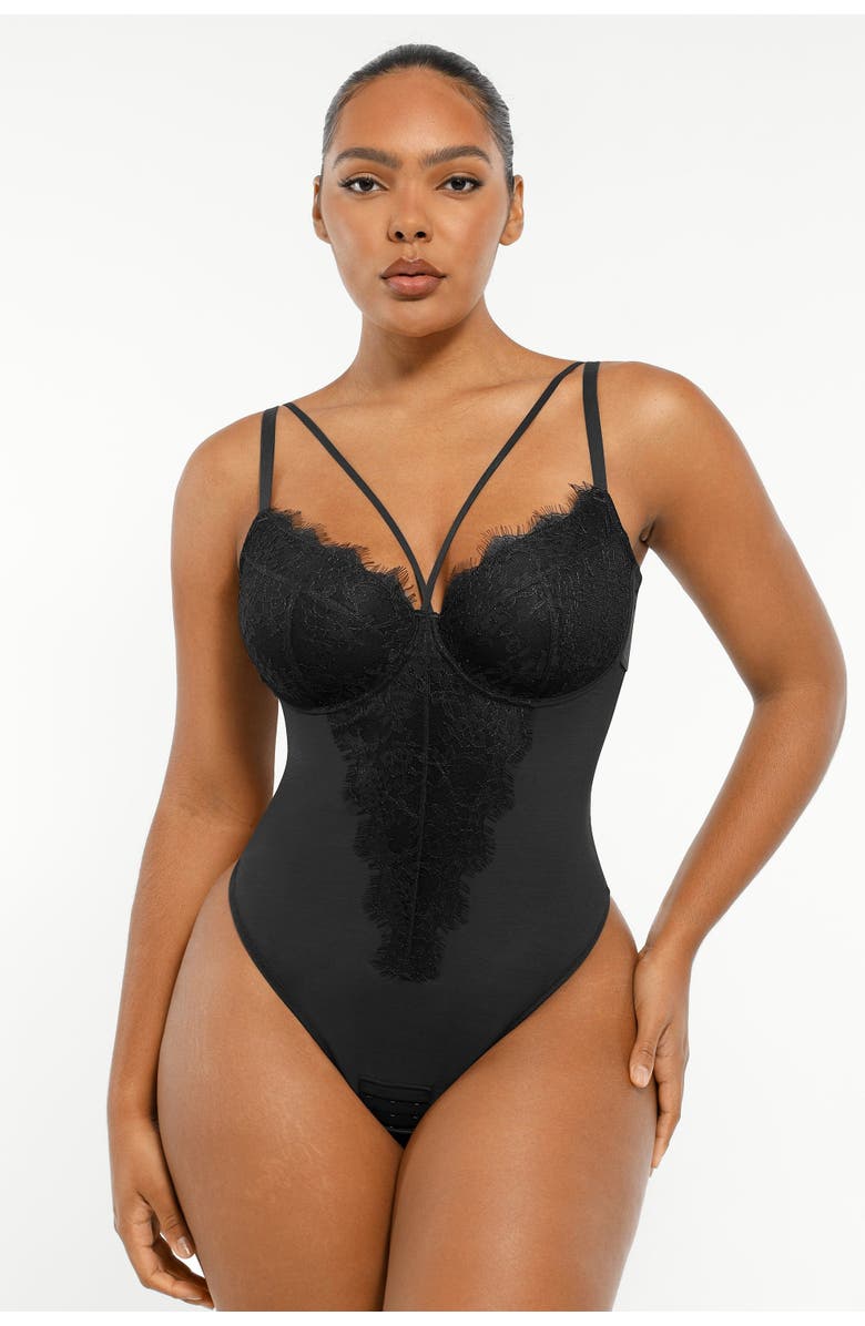 Shapellx Sheer Lace Mesh Bodysuit with Shaping, Main, color, Matte Black