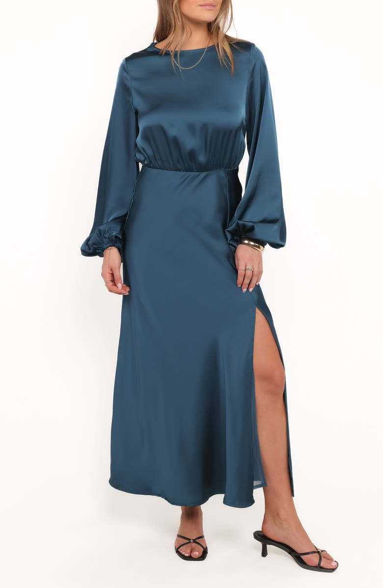 Petal & Pup Remora Long Sleeve Satin Midi Dress, Main, color, Teal