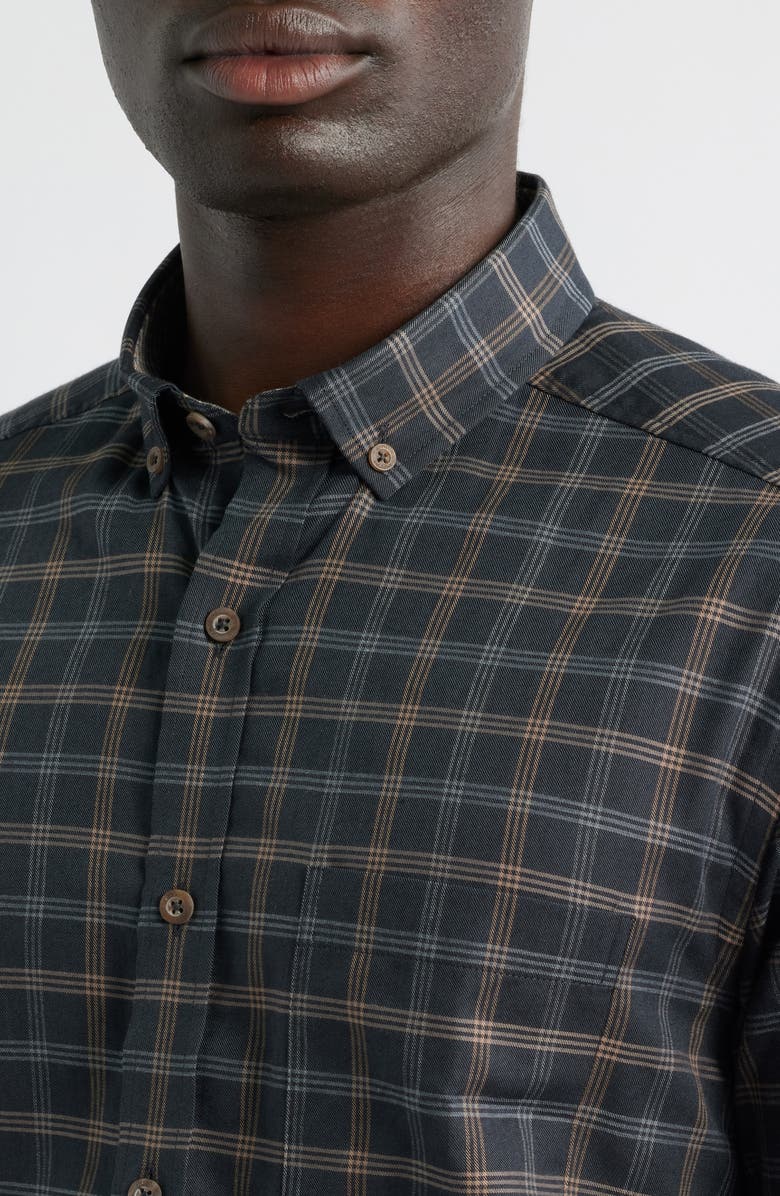 Johnston & Murphy Plaid Heathered Cotton Button-Up Shirt, Alternate, color, Charcoal/Tan Grid Check