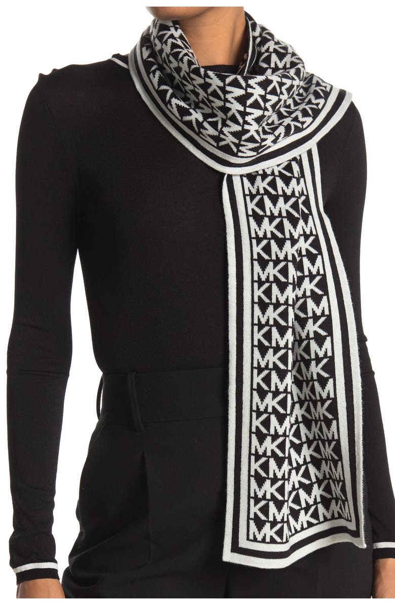 Michael Kors Bordered MK Logo Print Muffler Scarf, Main, color, 
