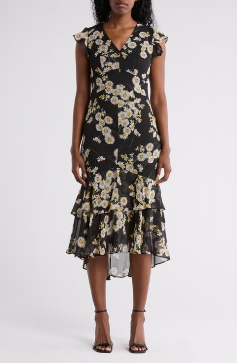Floral Cap Sleeve Empire Waist Tiered Midi Dress