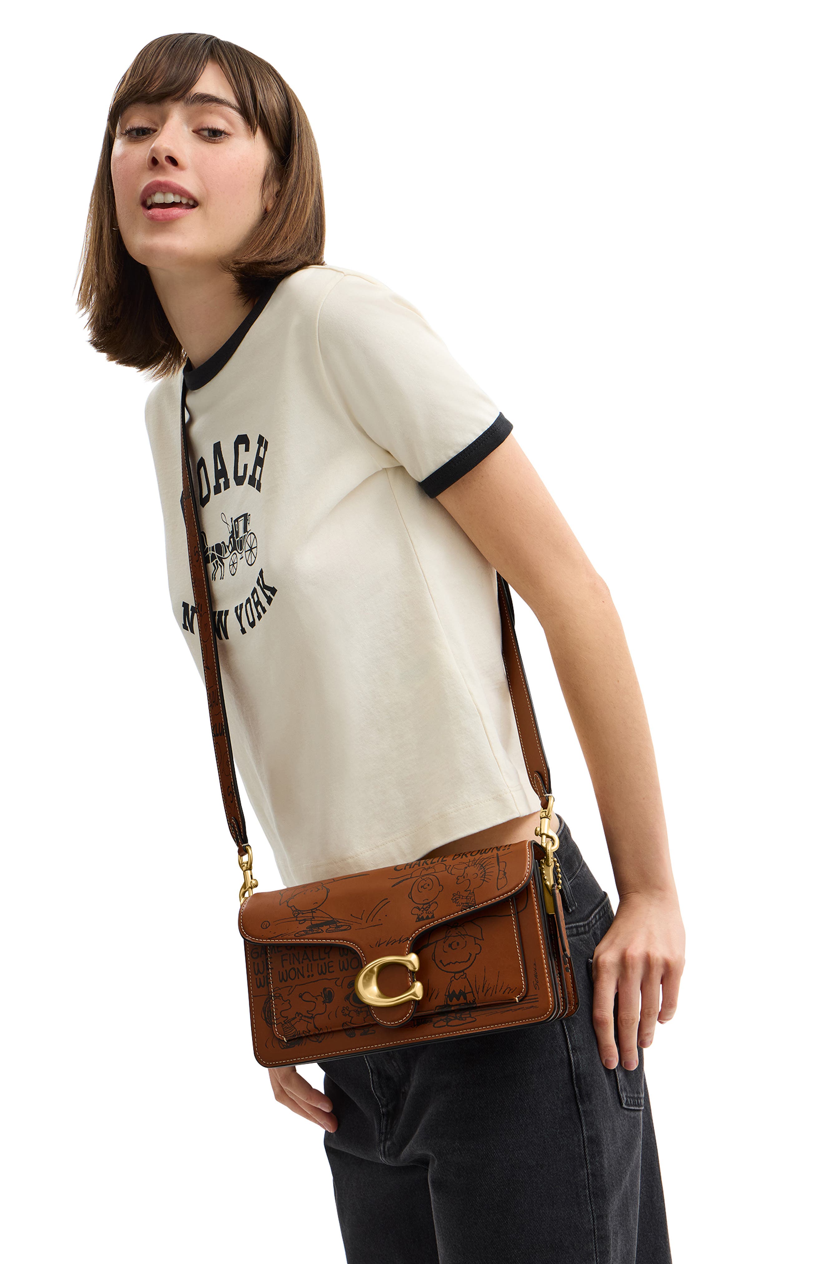 COACH x Peanuts Tabby 26 Newspaper Print Shoulder Bag, Alternate, color, 